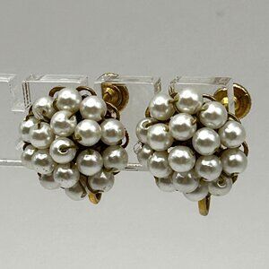 Vintage Hobe Earrings Faux Pearl Cluster Dome Filigree Screw Back Signed
